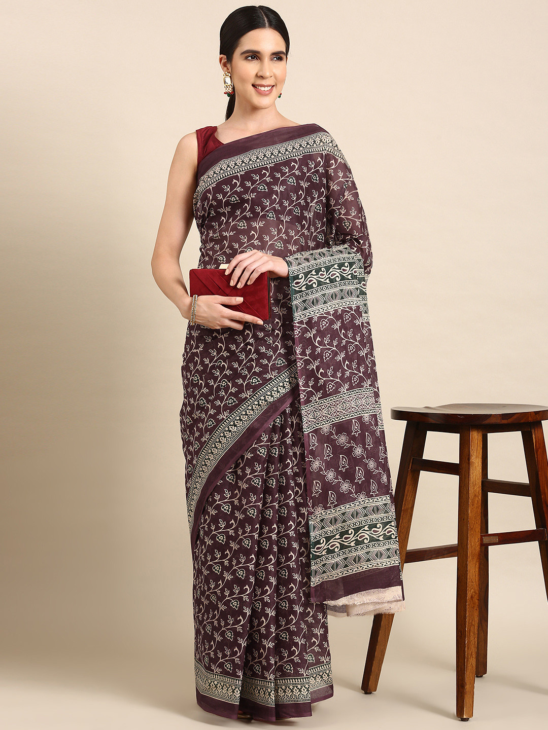 

SHANVIKA Burgundy Floral Pure Cotton Saree