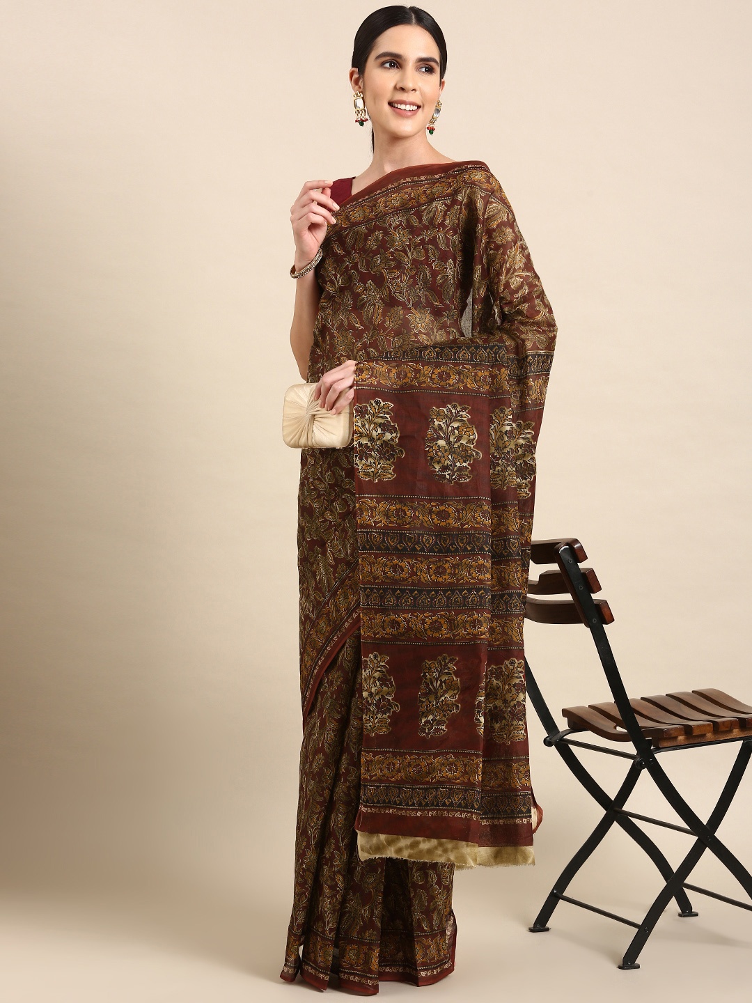 

SHANVIKA Kalamkari Printed Pure Cotton Saree, Rust