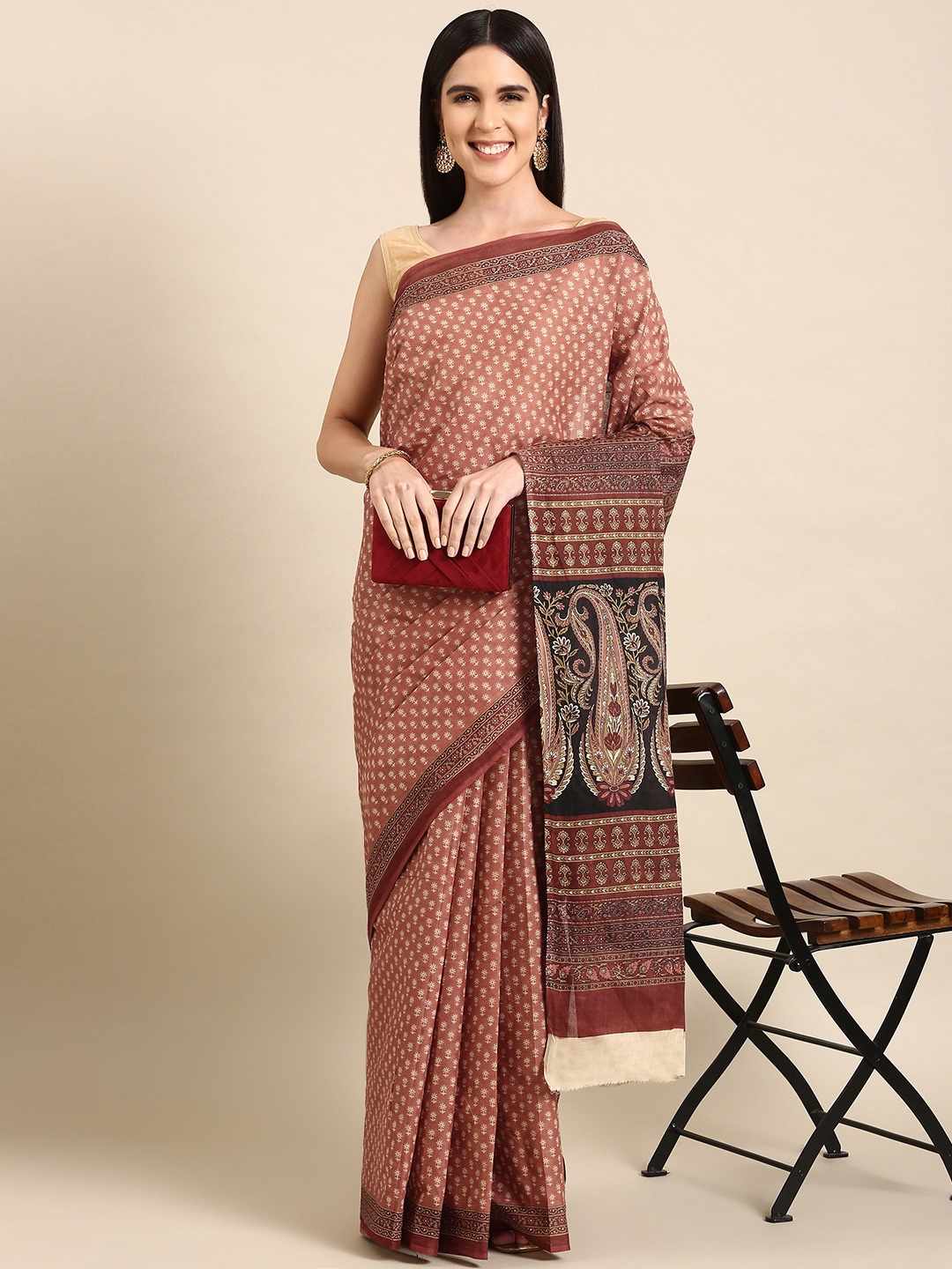 

SHANVIKA Ethnic Motifs Printed Pure Cotton Saree, Pink