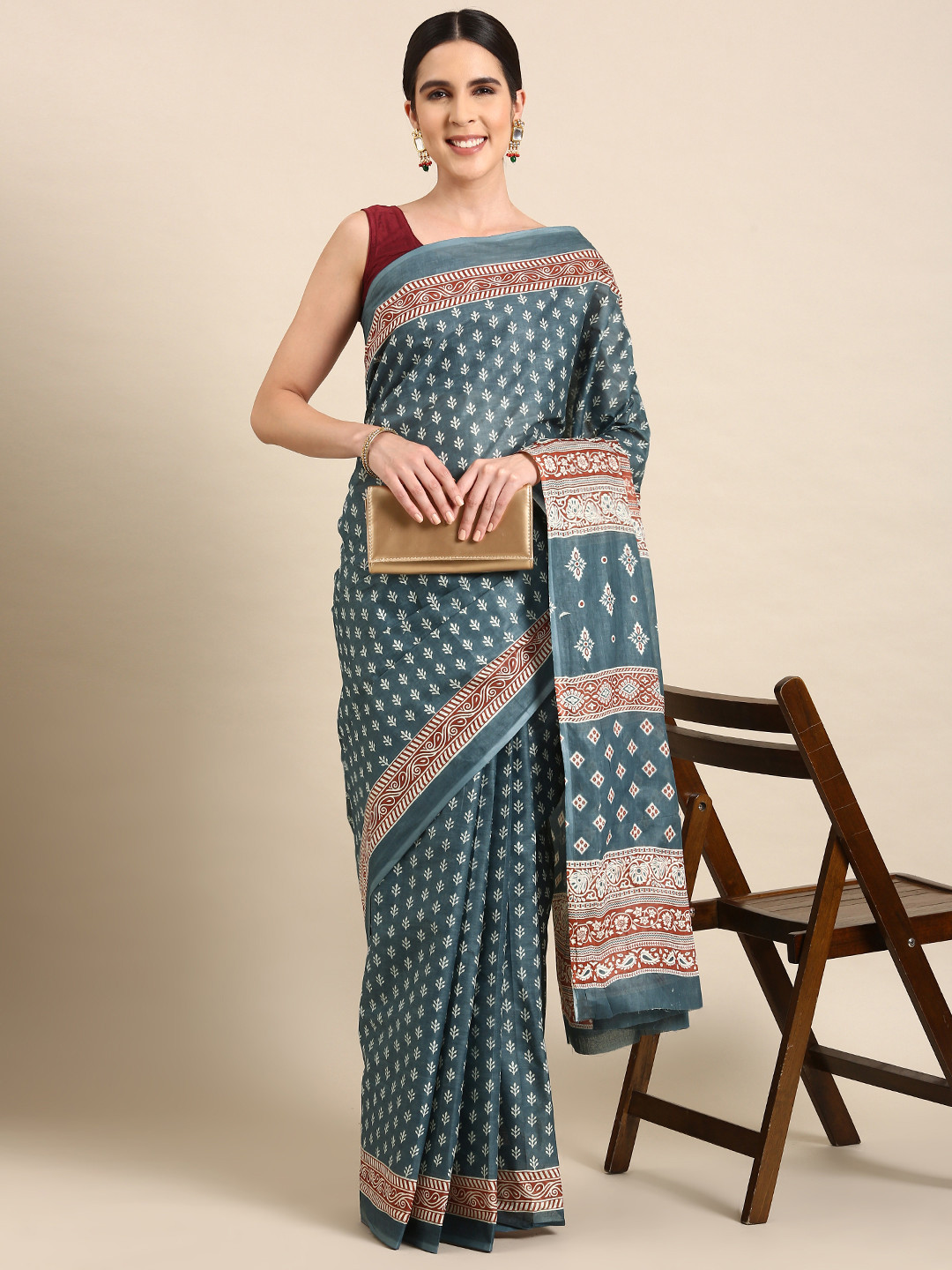 

SHANVIKA Ethnic Motifs Print Pure Cotton Saree, Blue