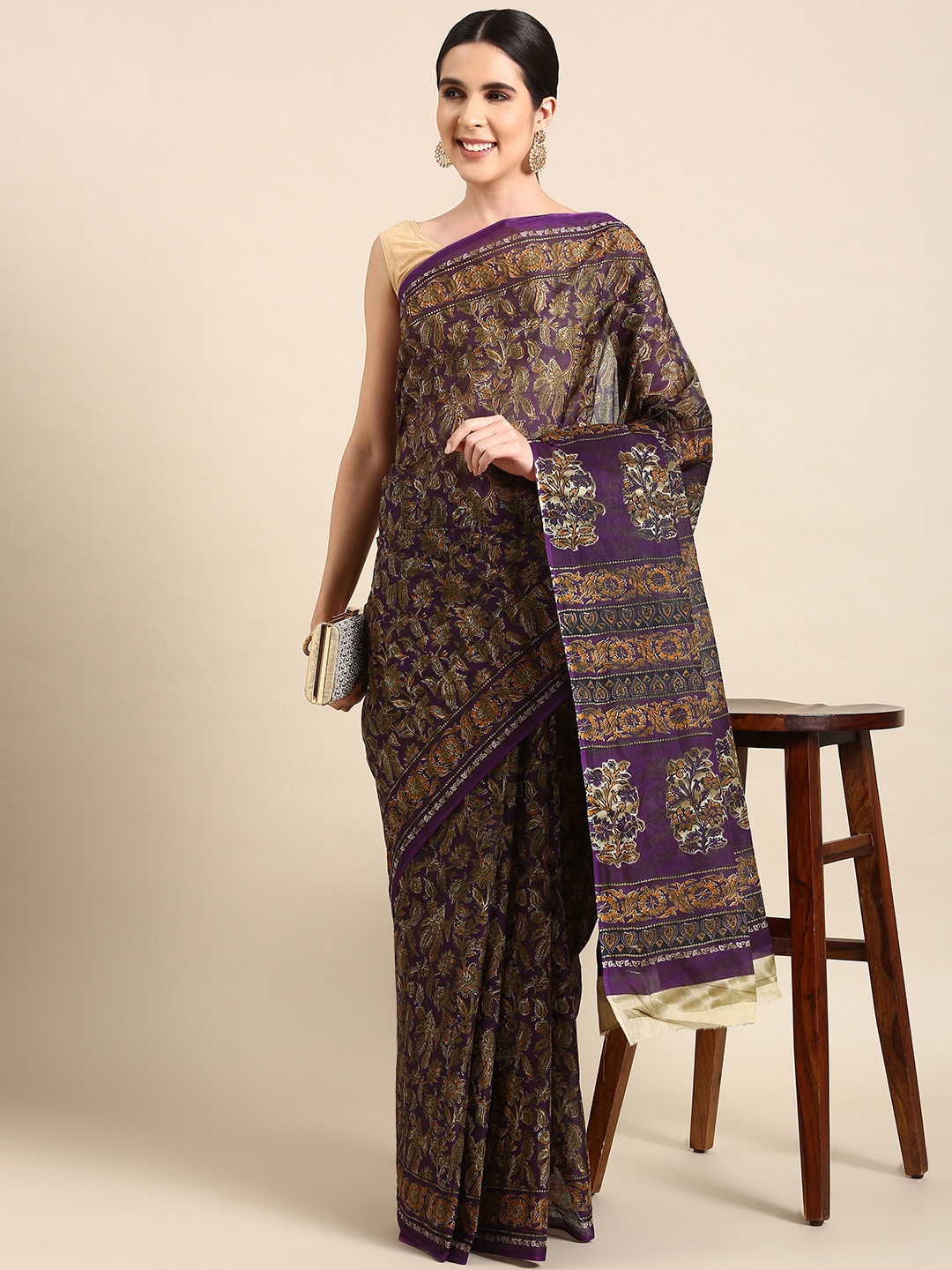 

SHANVIKA Kalamkari Printed Pure Cotton Saree, Purple