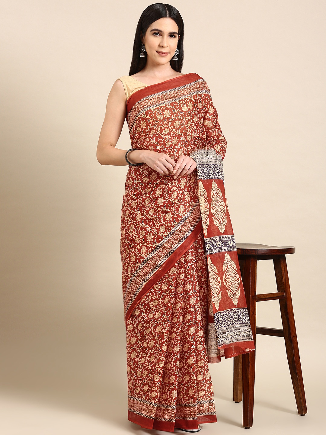 

SHANVIKA Floral Printed Pure Cotton Saree, Rust