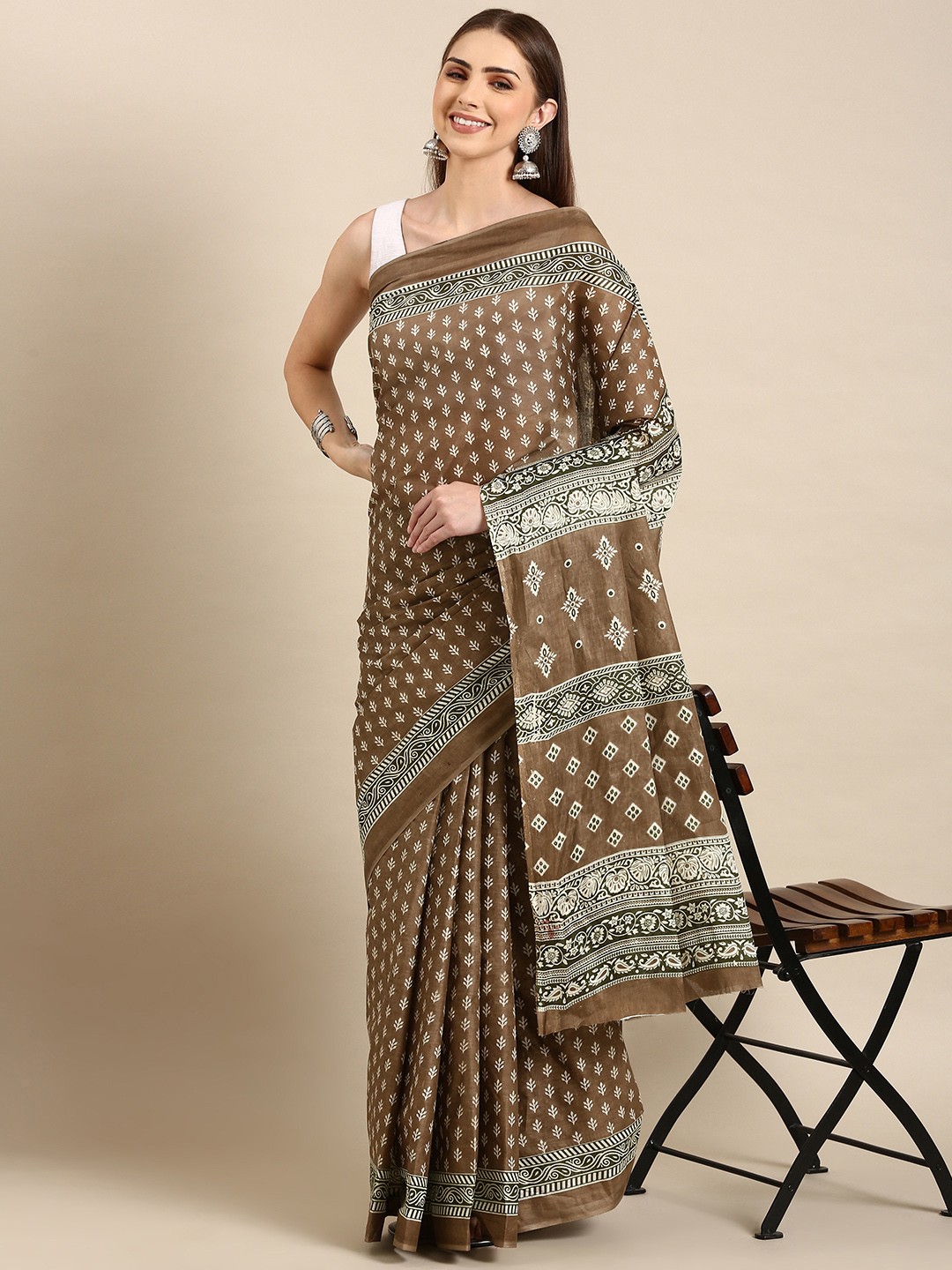 

SHANVIKA Ethnic Motifs Printed Pure Cotton Saree, Brown