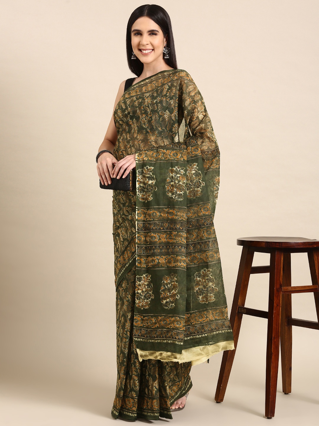 

SHANVIKA Kalamkari Pure Cotton Saree, Olive