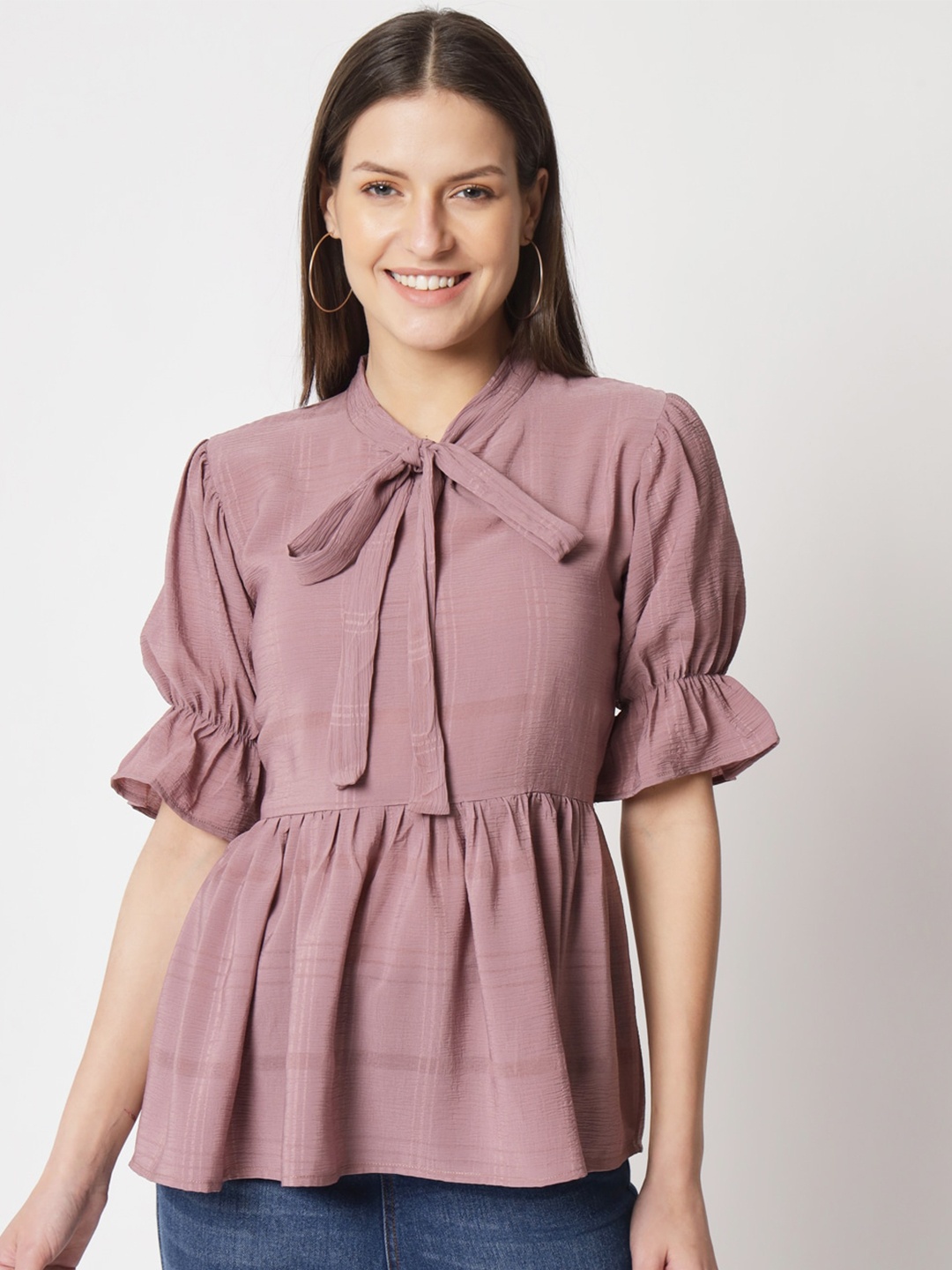 

Warthy Ent Tie-Up Neck Puff Sleeve Peplum Cotton Top, Purple