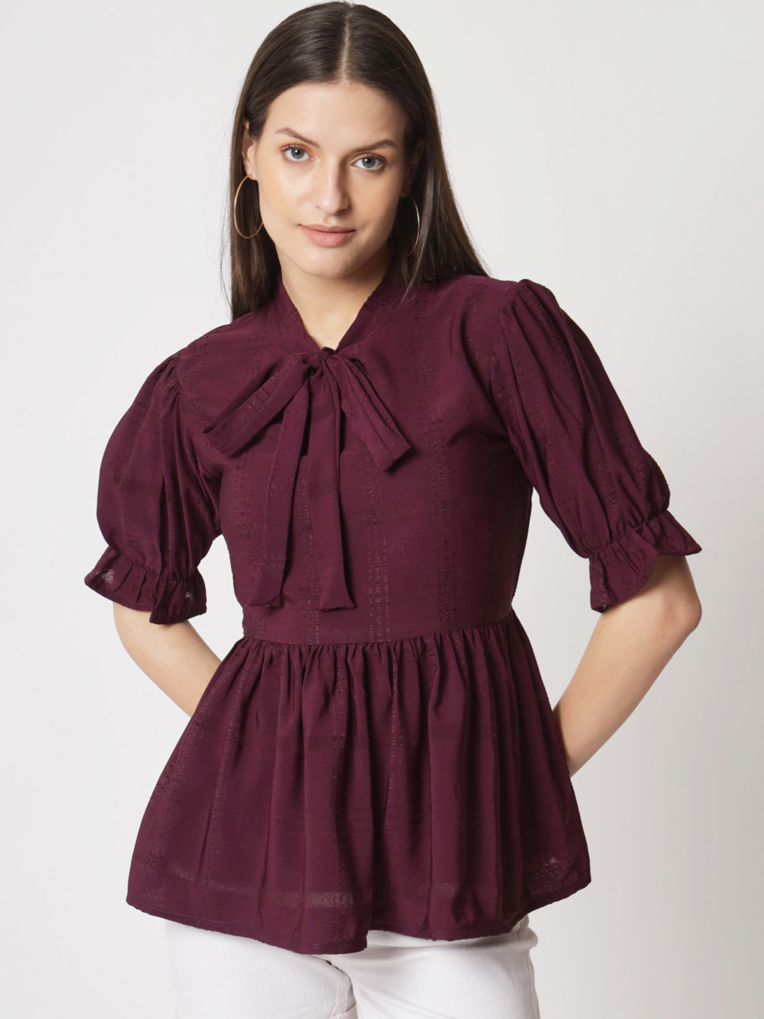 

Warthy Ent Tie-Up Neck Puff Sleeve Peplum Cotton Top, Maroon