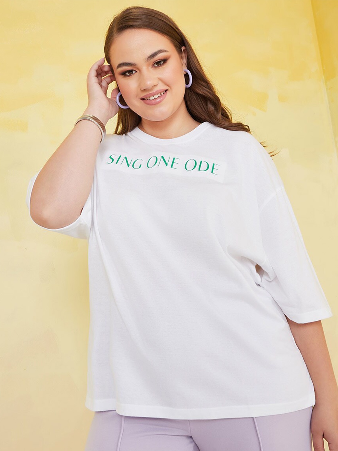 

Styli Plus Size Typography One Ode Embossed Slogan Print Cotton Longline Oversized T-shirt, White