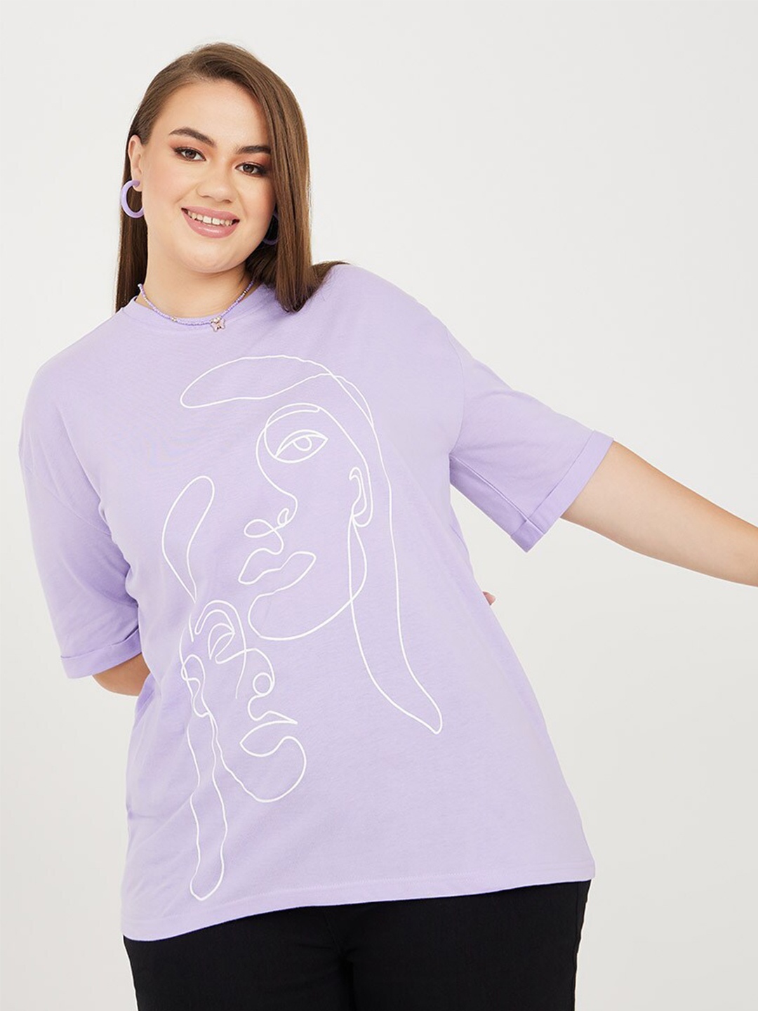 

Styli Plus Size Graphic Printed Oversized Fit T-Shirt, Purple