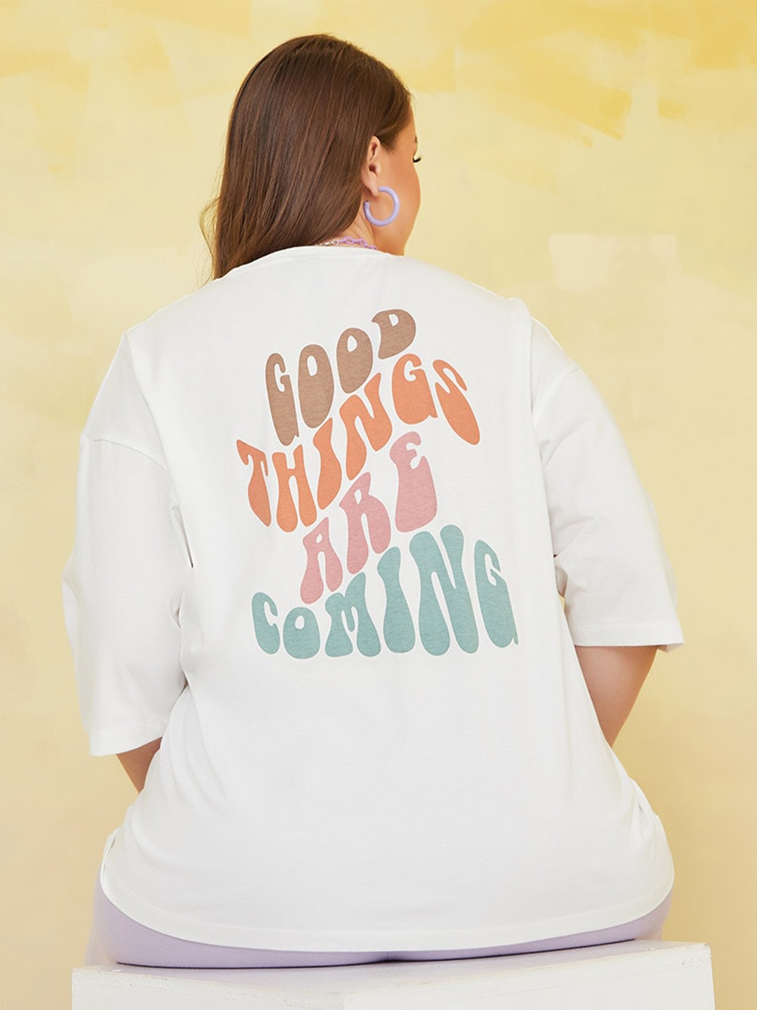 Styli Plus Size Typography Printed Cotton T-Shirt, White