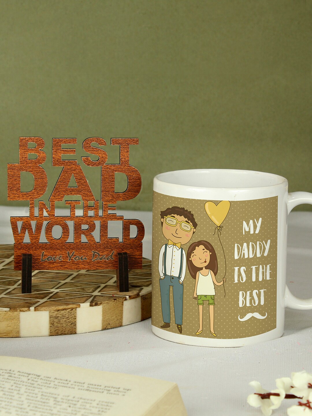 

TIED RIBBONS Brown 2 Pieces Printed Father's Day Mug With Wooden Stand Gift Set