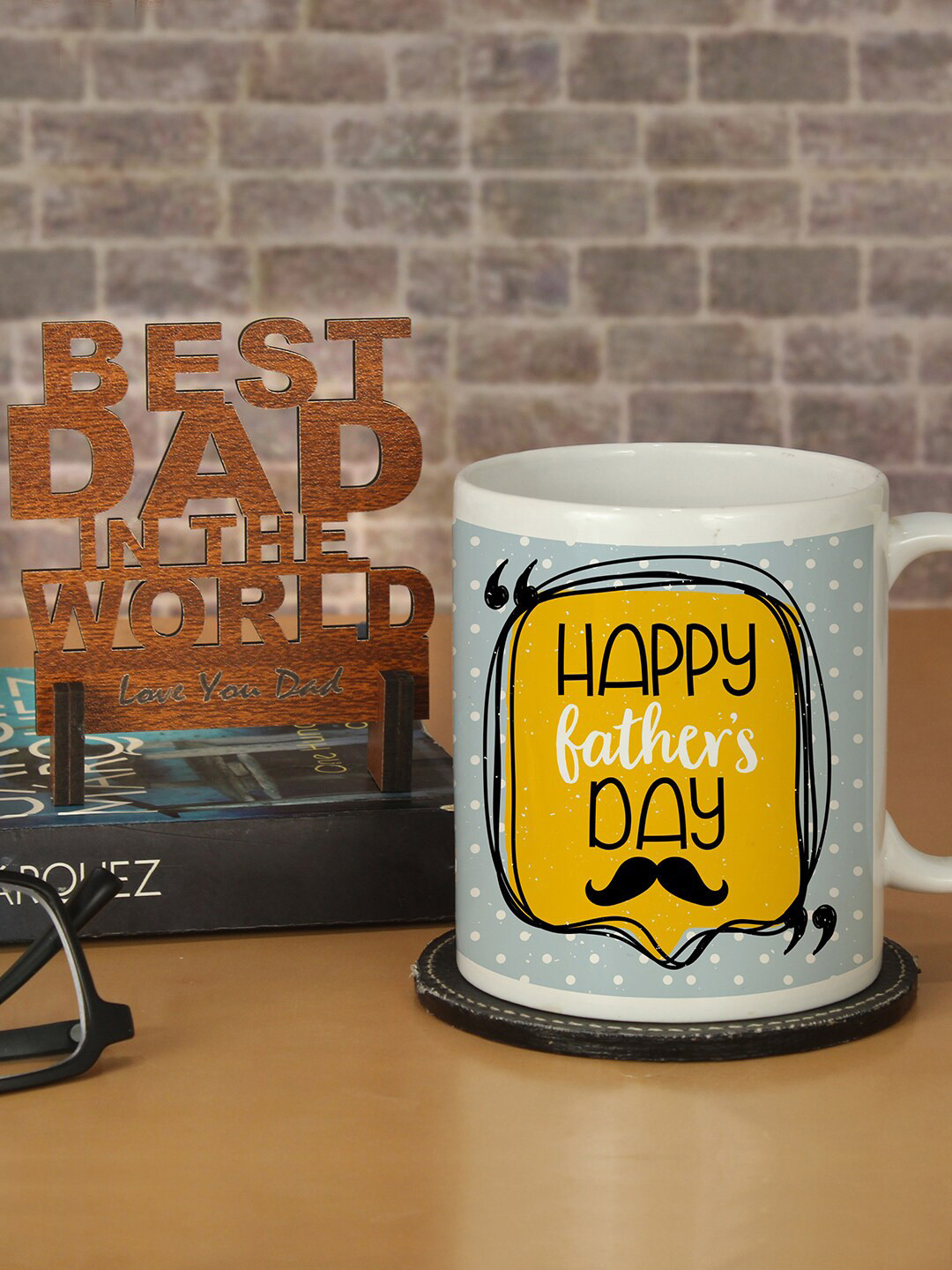 

TIED RIBBONS Printed Father's Day Mug With Wooden Stand Gift Set, Yellow