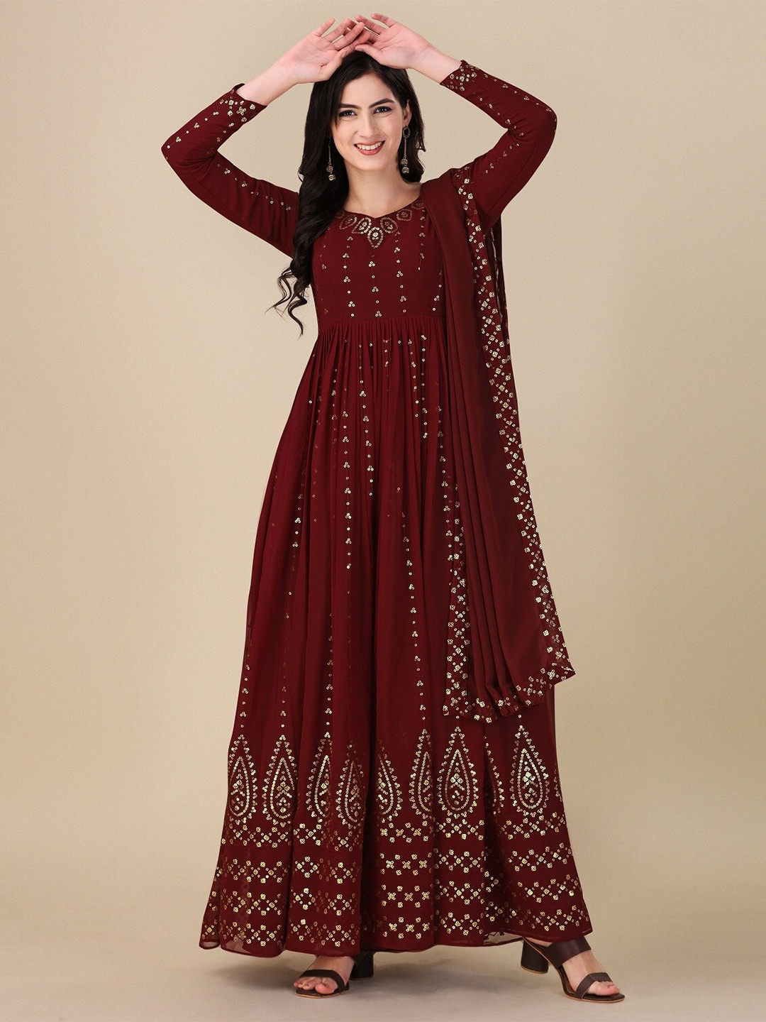 

Fashion Basket Embroidered Sequined Semi-Stitched Dress Material, Maroon
