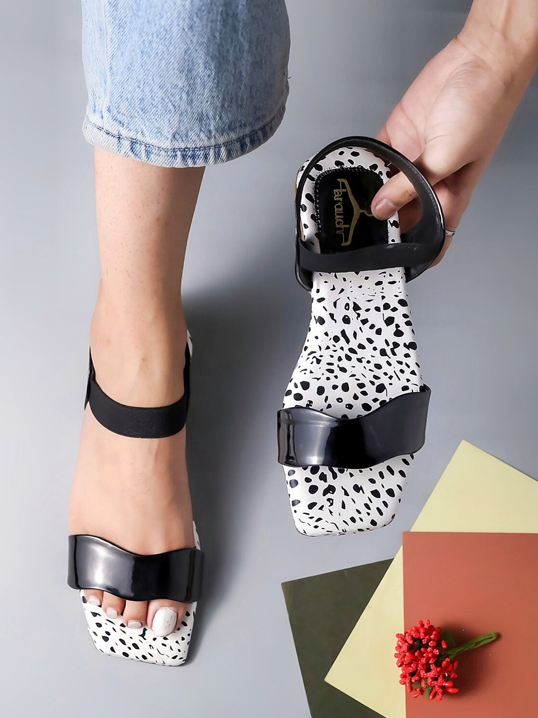 

Brauch Printed Open Toe Flats, Black