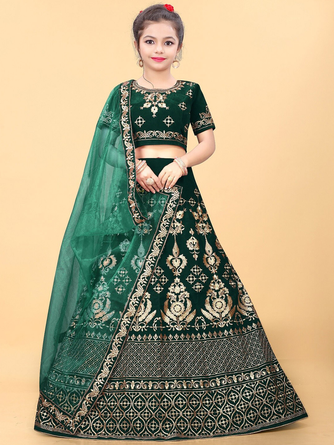 

APNISHA Girls Embroidered Semi-Stitched Lehenga & Unstitched Blouse With Dupatta, Green