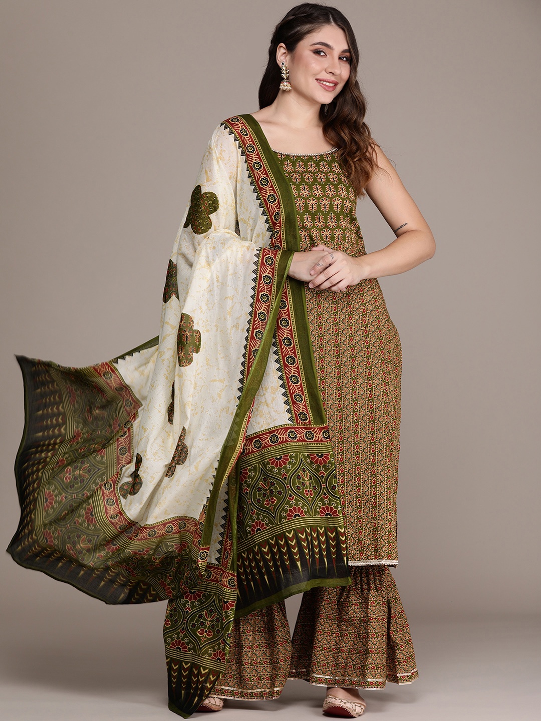 

Anouk Women Ethnic Motifs Printed Regular Gotta Patti Kurta with Sharara & With Dupatta, Green