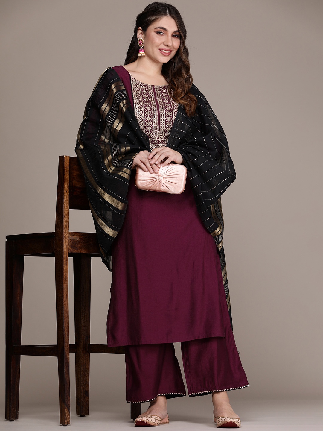 

Anouk Women Floral Embroidered Regular Sequinned Liva Kurta with Palazzos & With Dupatta, Purple