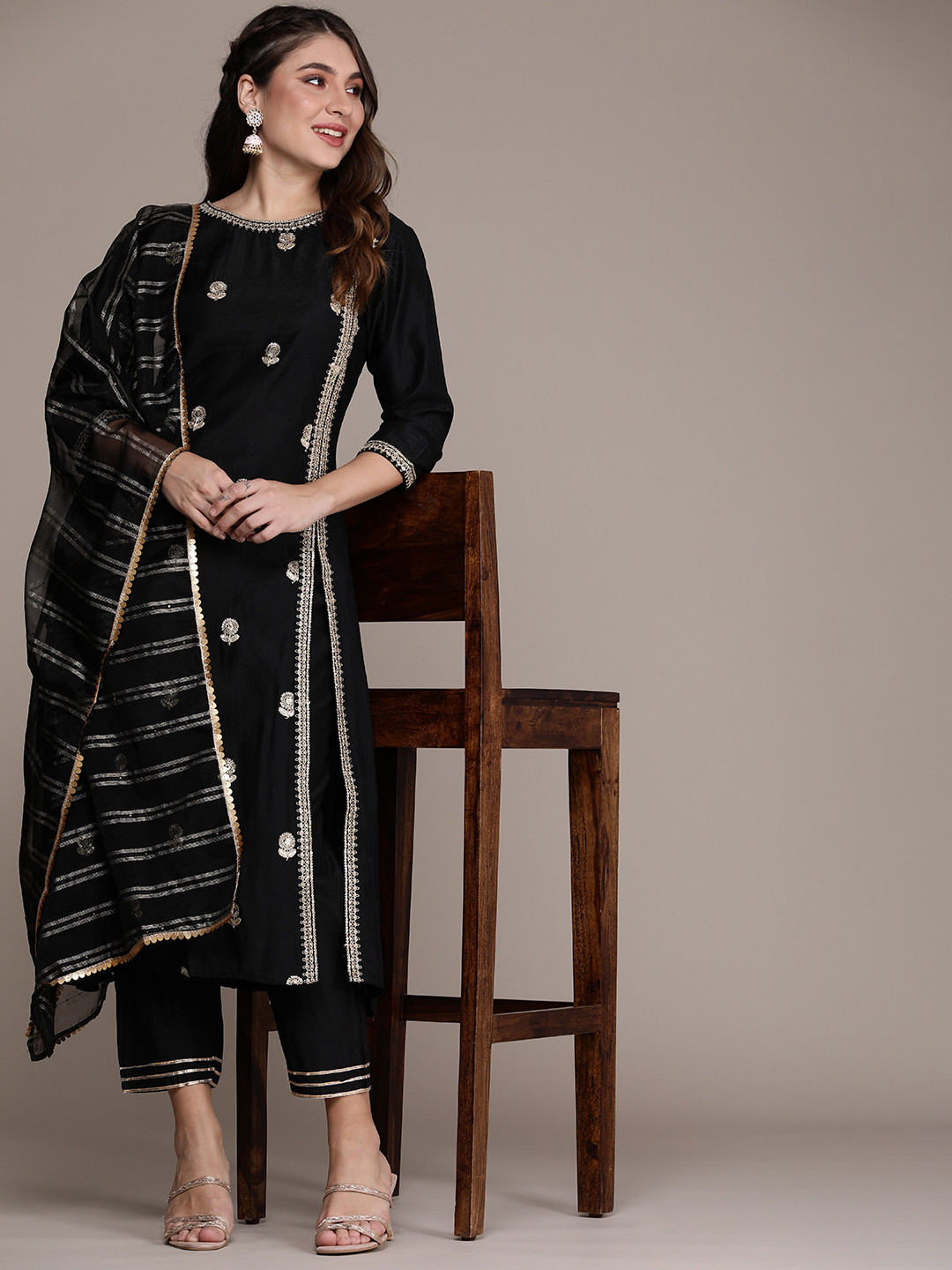 

Anouk Women Floral Embroidered Regular Sequinned Liva Kurta with Trousers & With Dupatta, Black