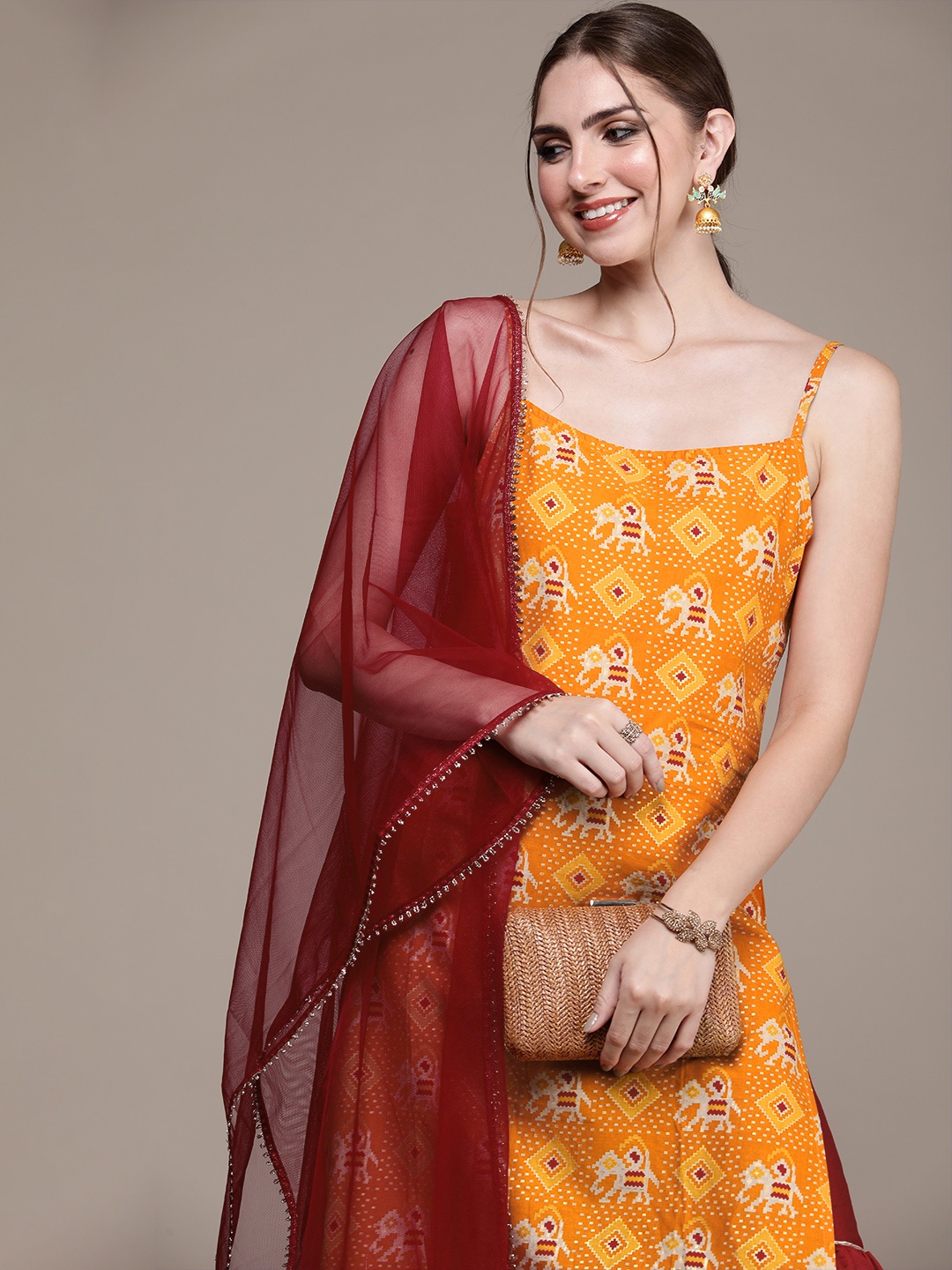 

Anouk Geometric Foil Printed Regular Kurta with Sharara & Dupatta, Orange