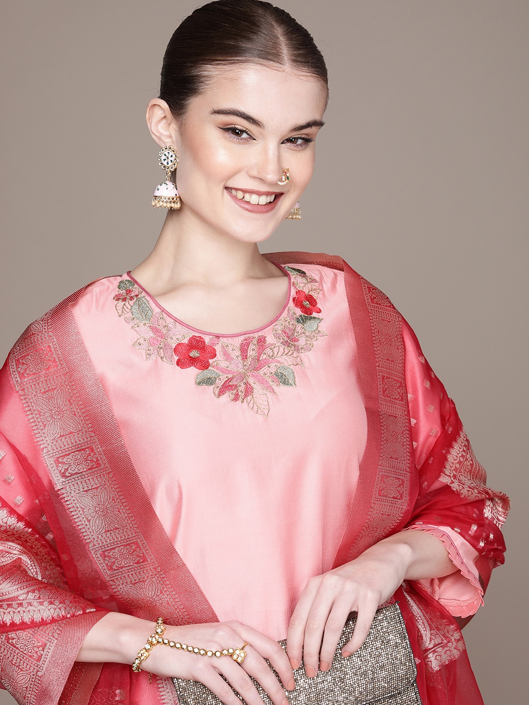 

Anouk Floral Embroidered Regular Sequinned Liva Kurta with Palazzos & Dupatta, Pink