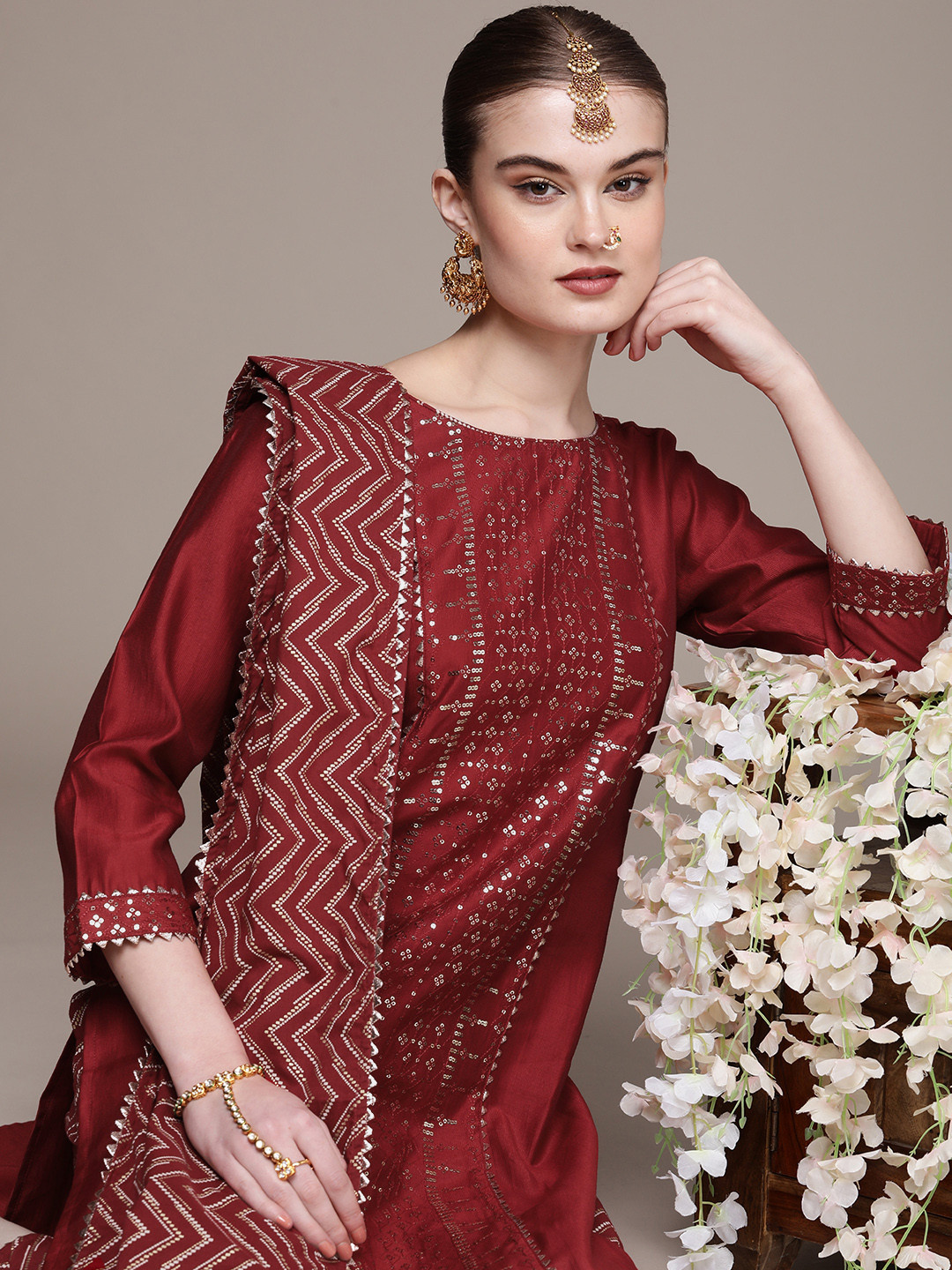 

Anouk Ethnic Motifs Embroidered Regular Sequinned Kurta with Trousers & Dupatta, Red