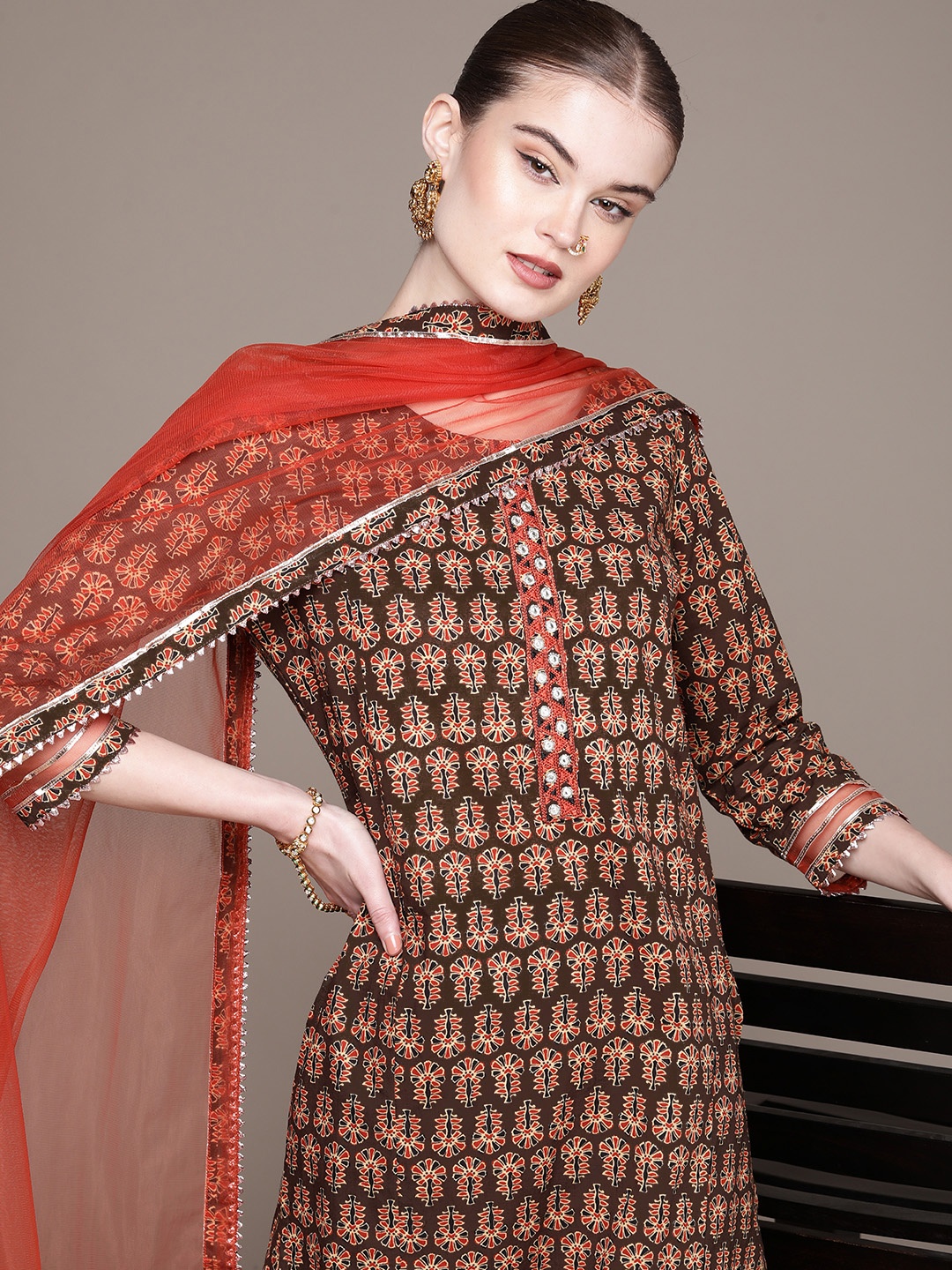 

Anouk Ethnic Motifs Printed Regular Mirror Work Kurta with Palazzos & Dupatta, Brown