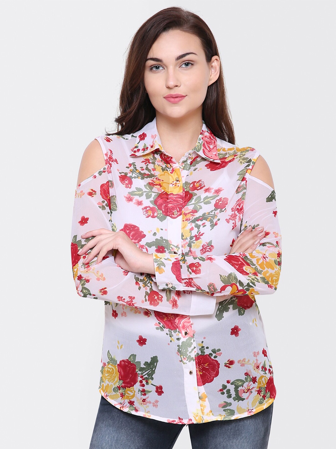 

Yaadleen Smart Floral Printed Cold Shoulder Sleeves Casual Shirt, White