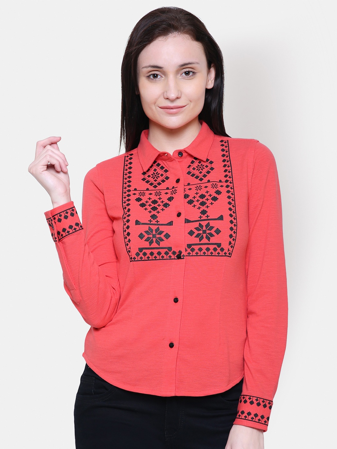 

Yaadleen Ethnic Printed Cotton Casual Shirt, Coral