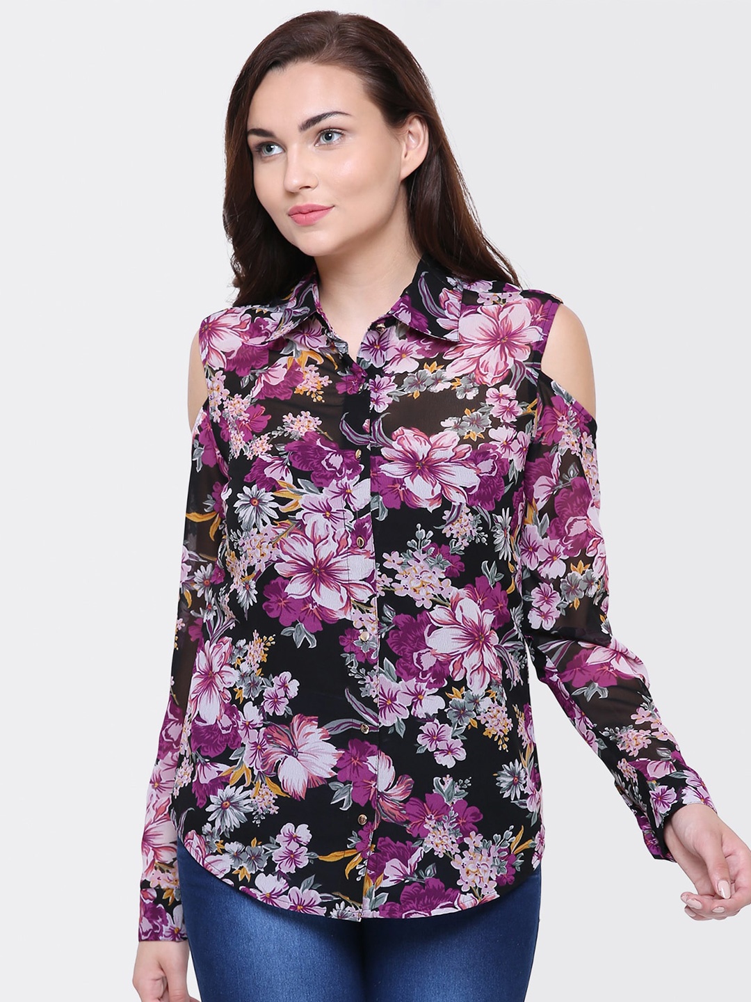 

Yaadleen Smart Floral Printed Cold Shoulder Sleeves Casual Shirt, Black