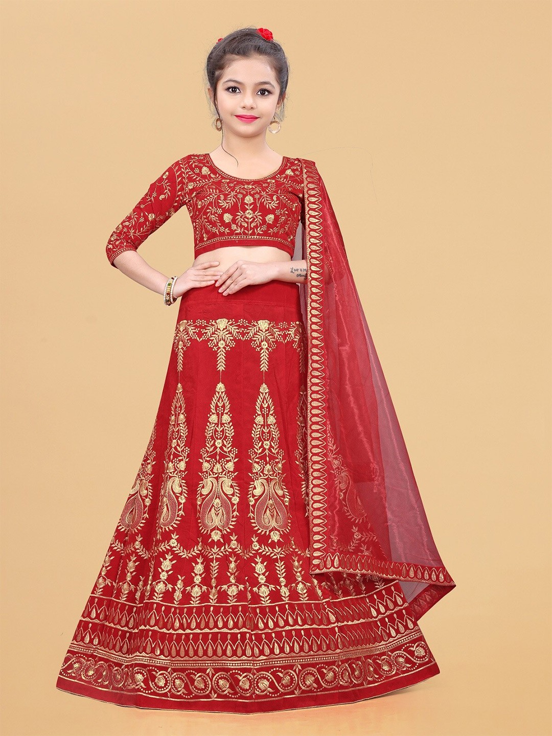 

APNISHA Girls Embroidered Semi-Stitched Lehenga & Unstitched Blouse With Dupatta, Red