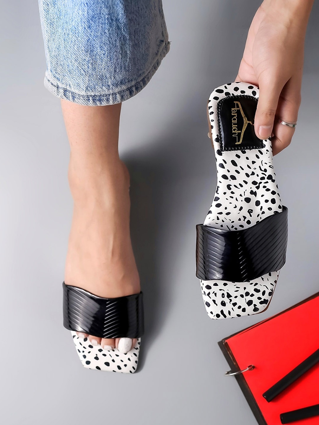 

Brauch Printed Open Toe Flats, Black