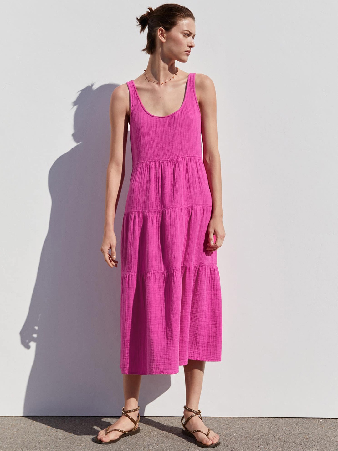 

MANGO Pure Cotton Tiered Maxi Dress, Pink