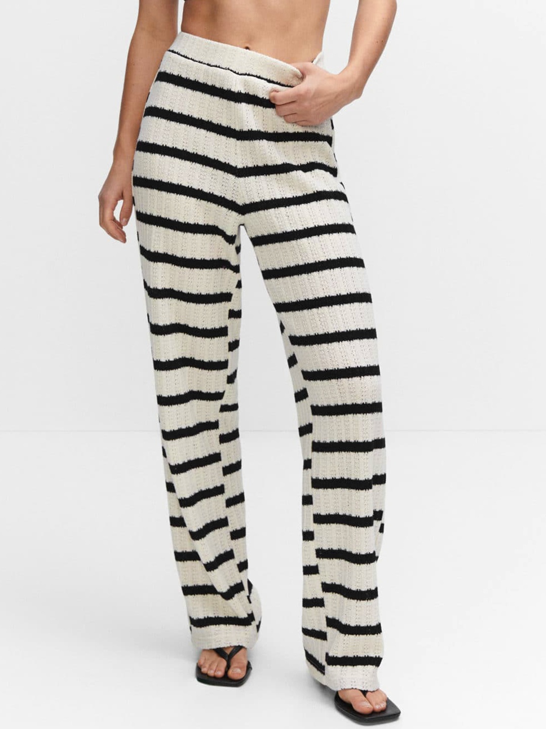 

MANGO Women Striped High-Rise Knitted Trousers, White