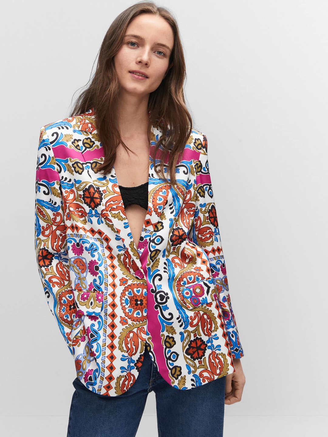 

MANGO Ethnic Print Single-Breasted Casual Blazer, Blue