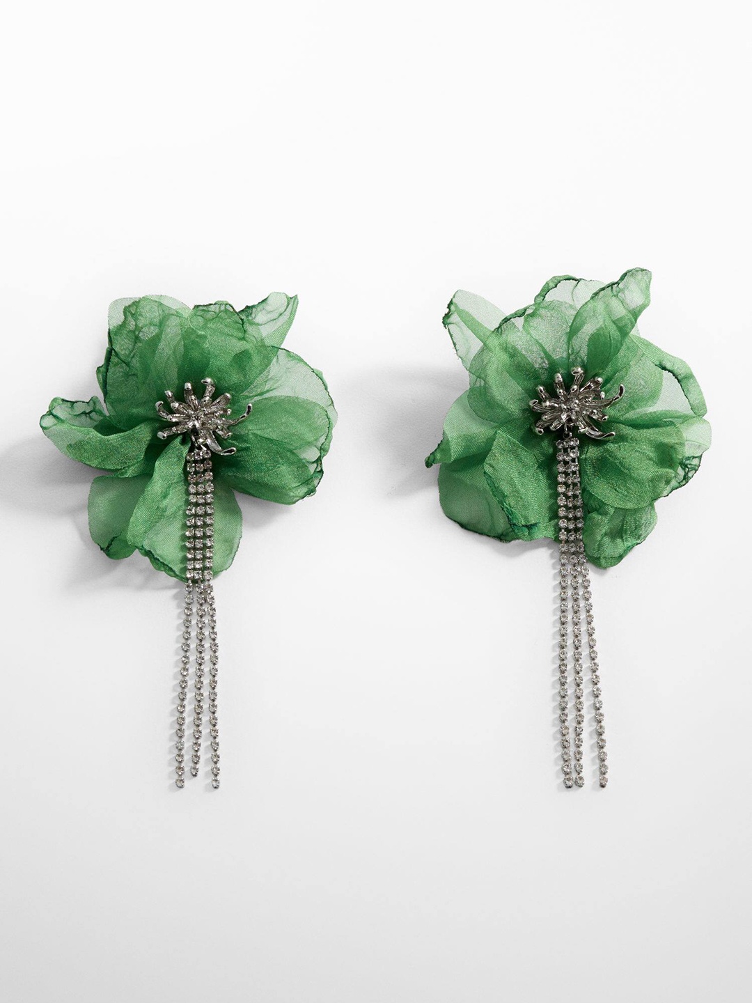 

MANGO Floral Stone Studded Contemporary Drop Earrings, Green