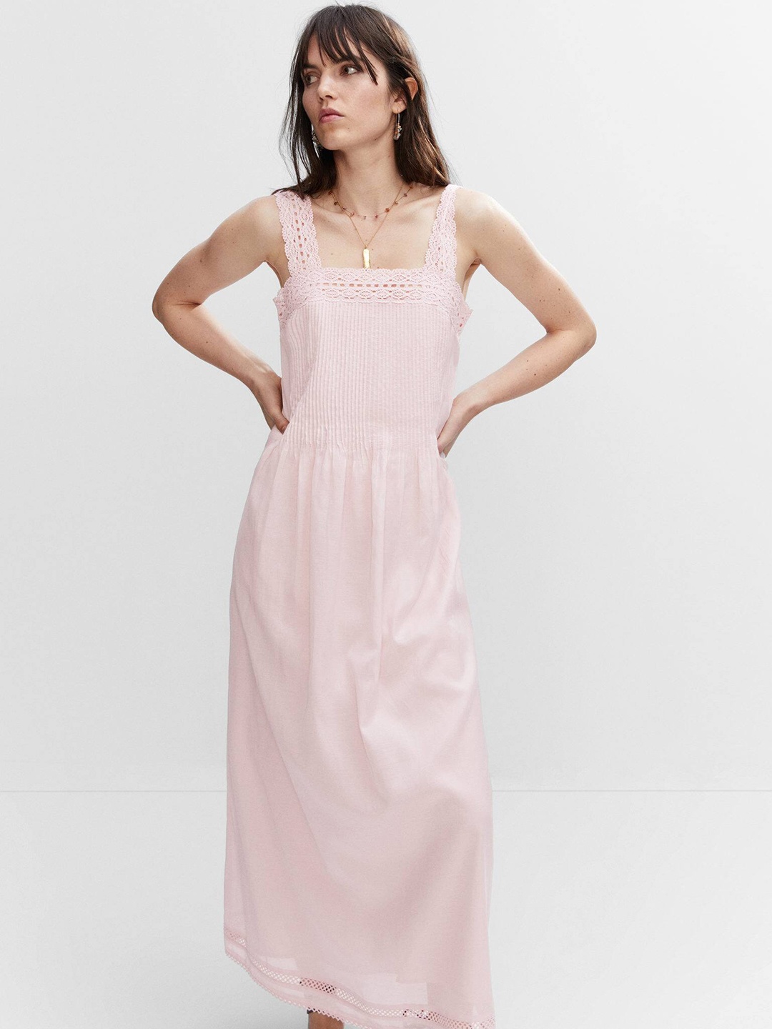 

MANGO Lace Inserts Pleated Maxi Dress, Pink