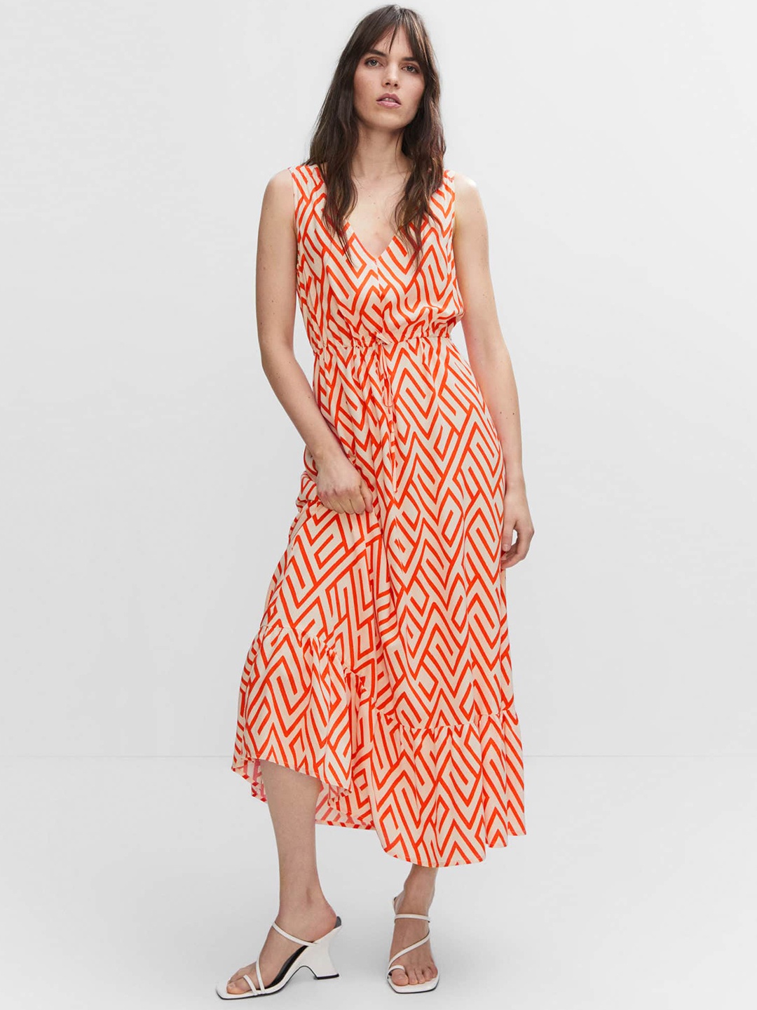 

MANGO Geometric Print Maxi Dress, Cream