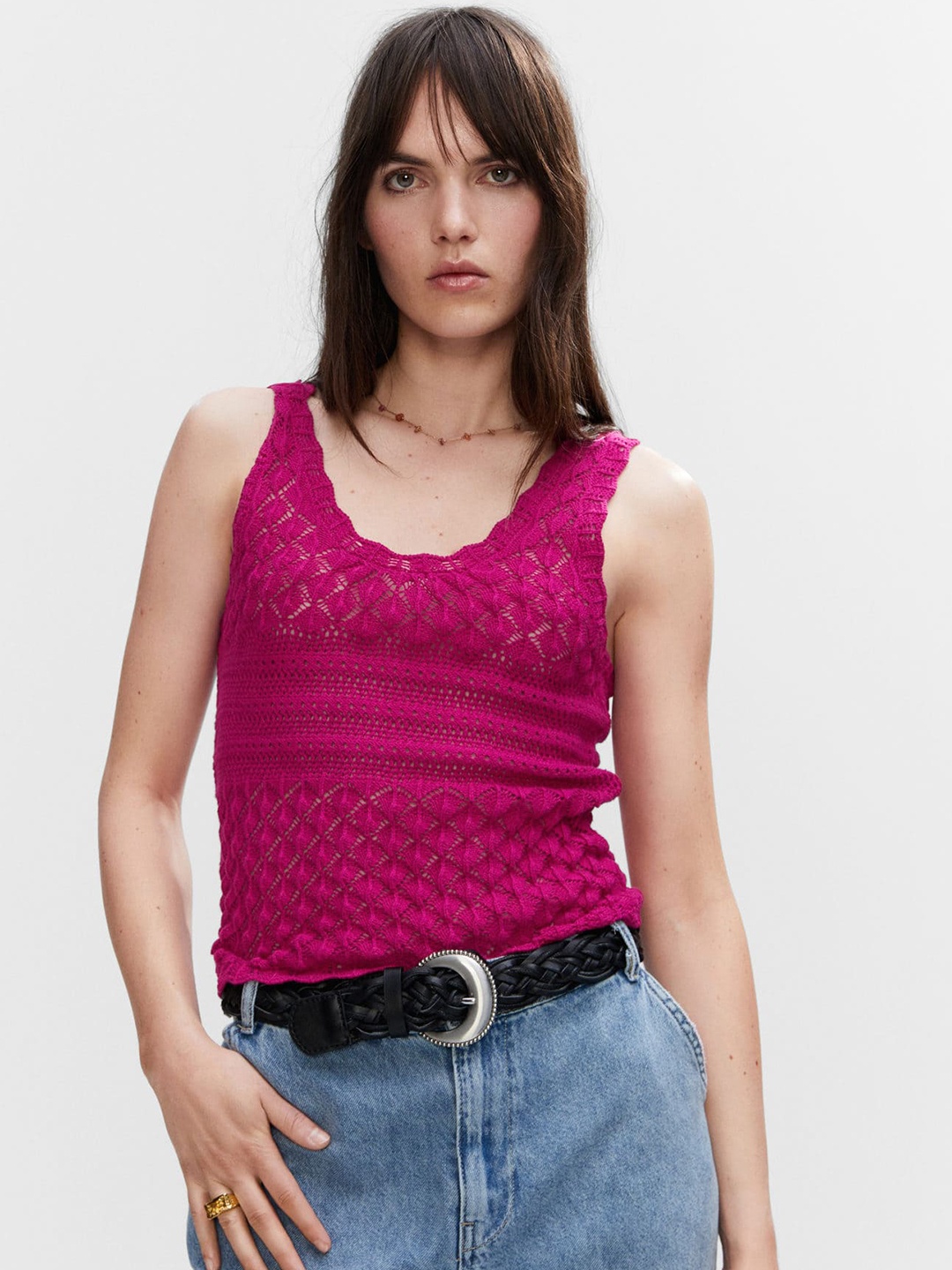 

MANGO Pure Cotton Crochet Top, Maroon