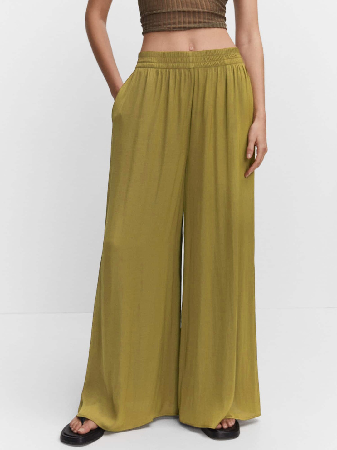 

MANGO Women Flared High-Rise Pleated Parallel Trousers, Olive