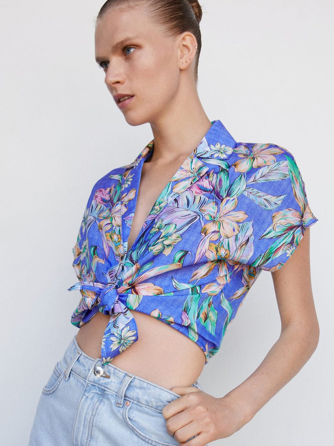 

MANGO Tropical Printed Notched Lapel Collar Casual Shirt, Blue