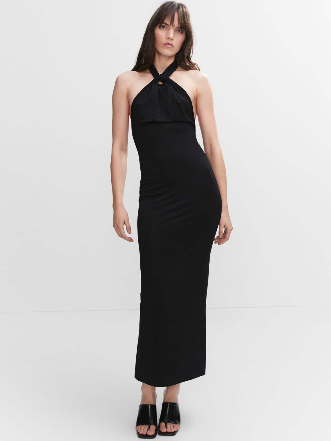 

MANGO Halter Neck Open-Back Sheath Midi Dress, Black