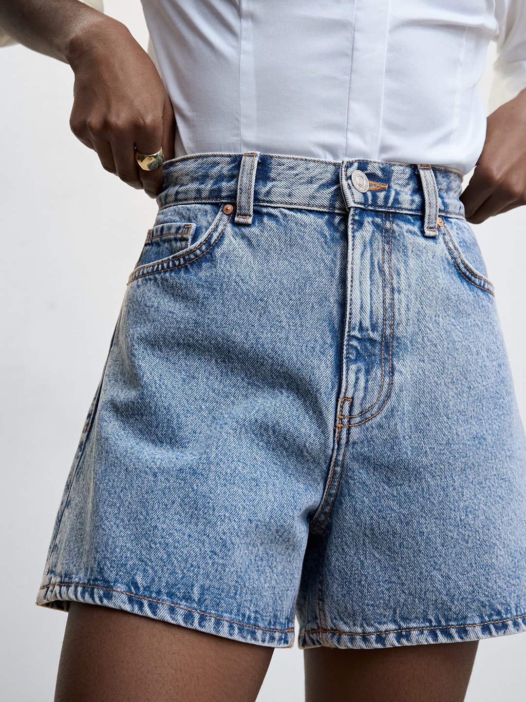 

MANGO Women High-Rise Pure Cotton Denim Shorts, Blue