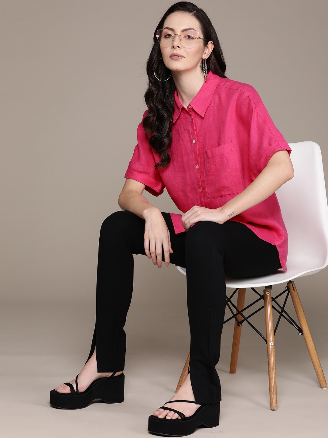

MANGO Women Oversized Pure Linen Casual Shirt With Pleated Back, Pink