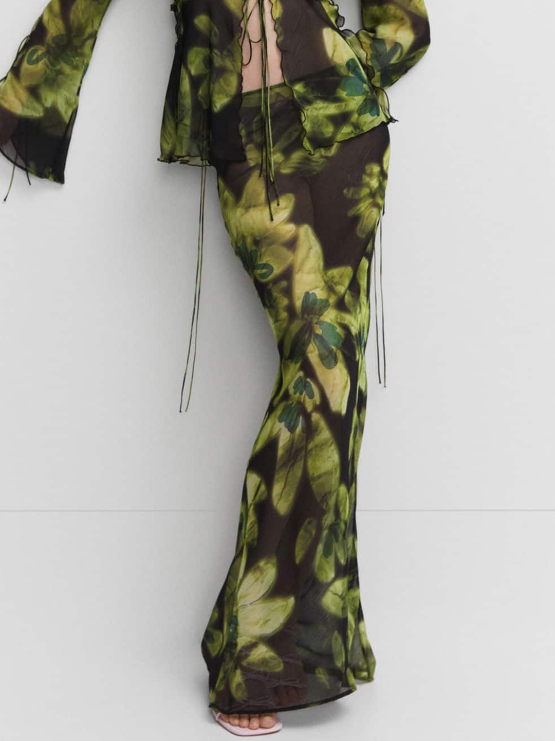 

MANGO Semi Sheet Abstract Printed Straight Maxi Skirt, Green