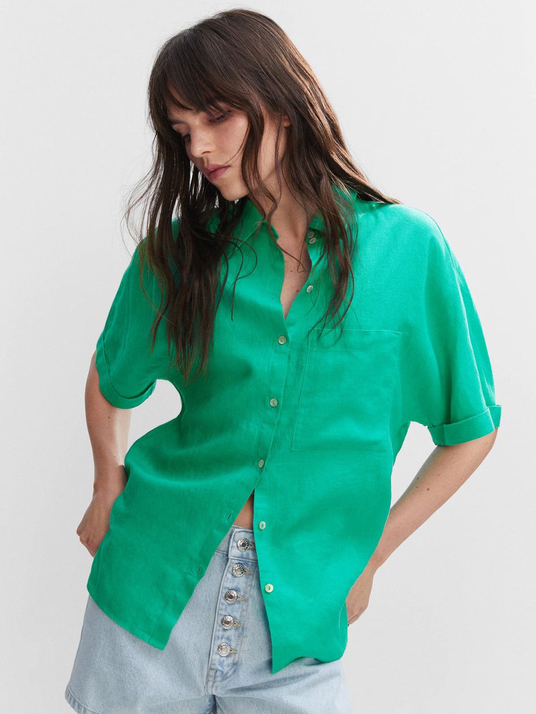

MANGO Women Green Opaque Oversized Casual Shirt
