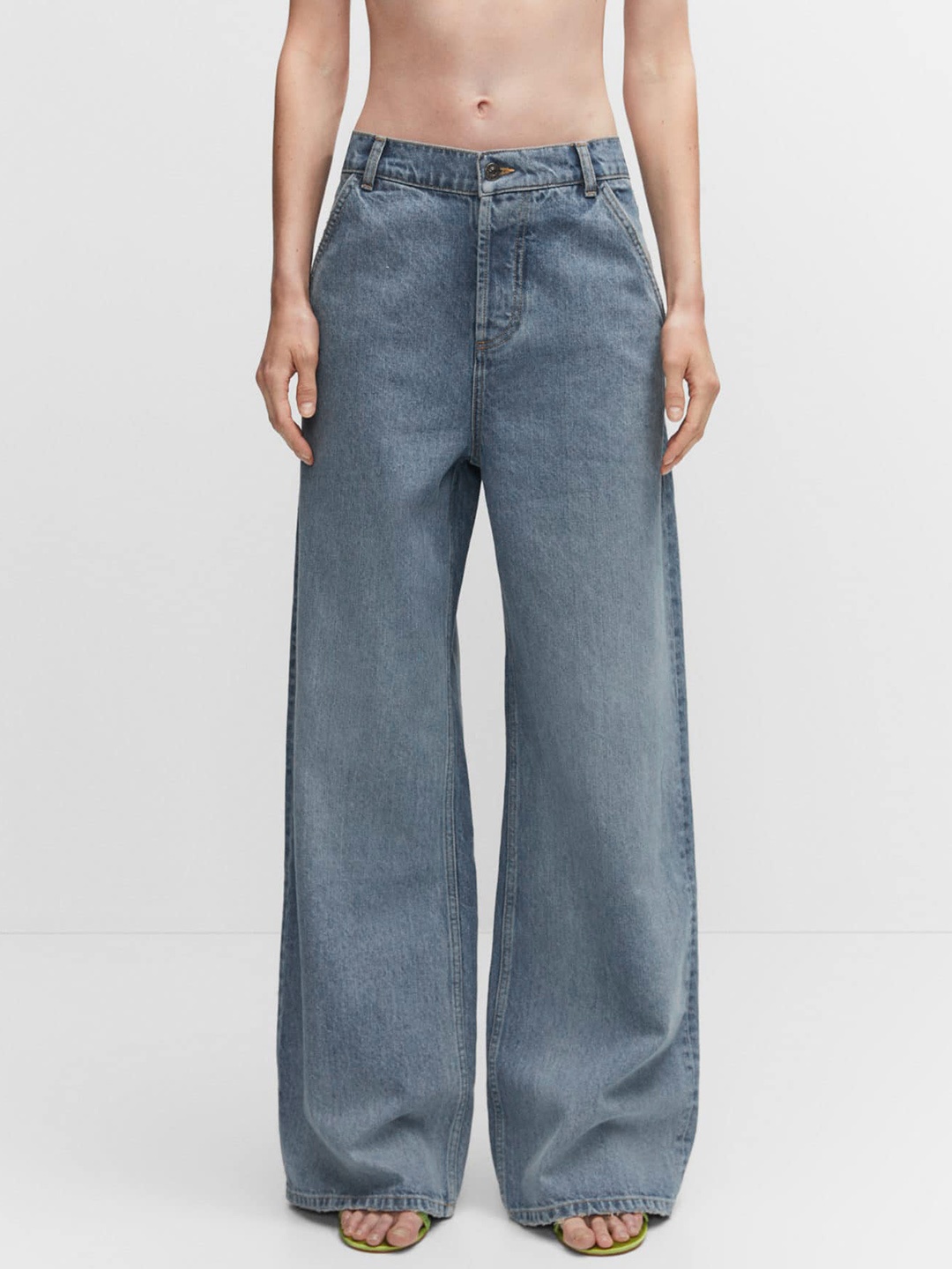 

MANGO Women Wide Leg Pure Cotton Light Fade Jeans, Blue