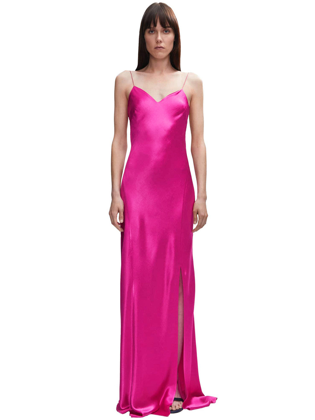 

MANGO Satin Finish High Slit Open Back Maxi Dress, Pink