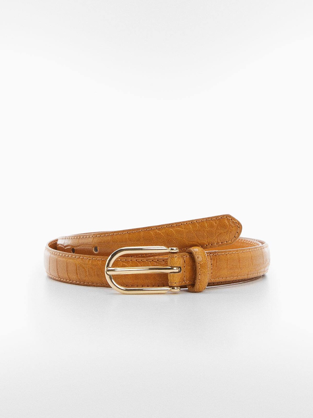 

MANGO Women Croc Textured Slim Belt, Brown