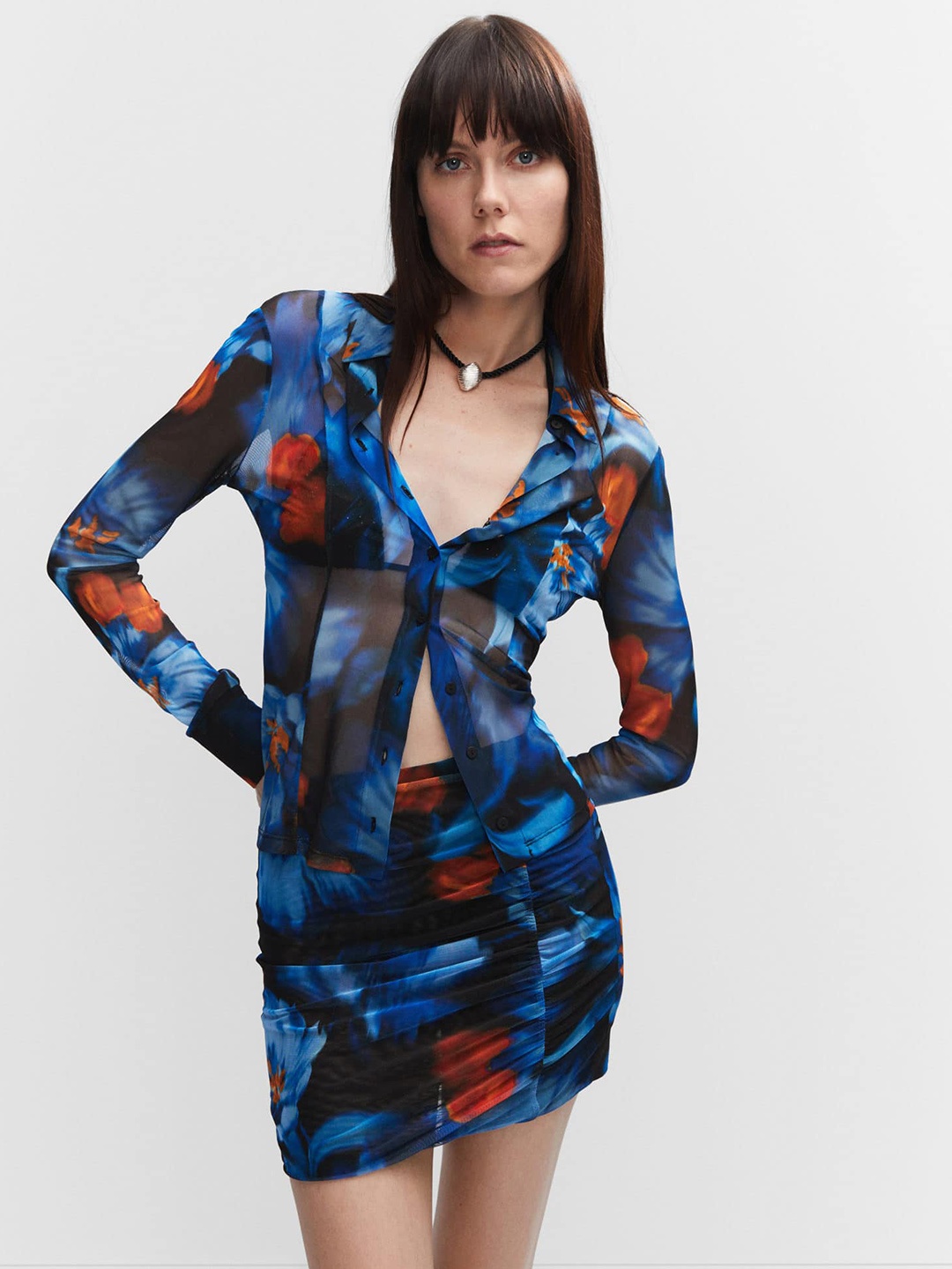 

MANGO Semi Sheer Printed Casual Shirt, Blue