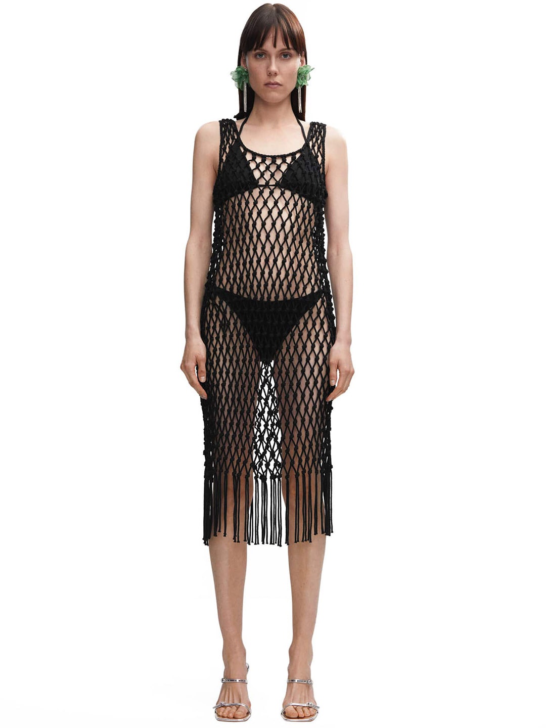 

MANGO Fringed Mesh Midi Dress, Black