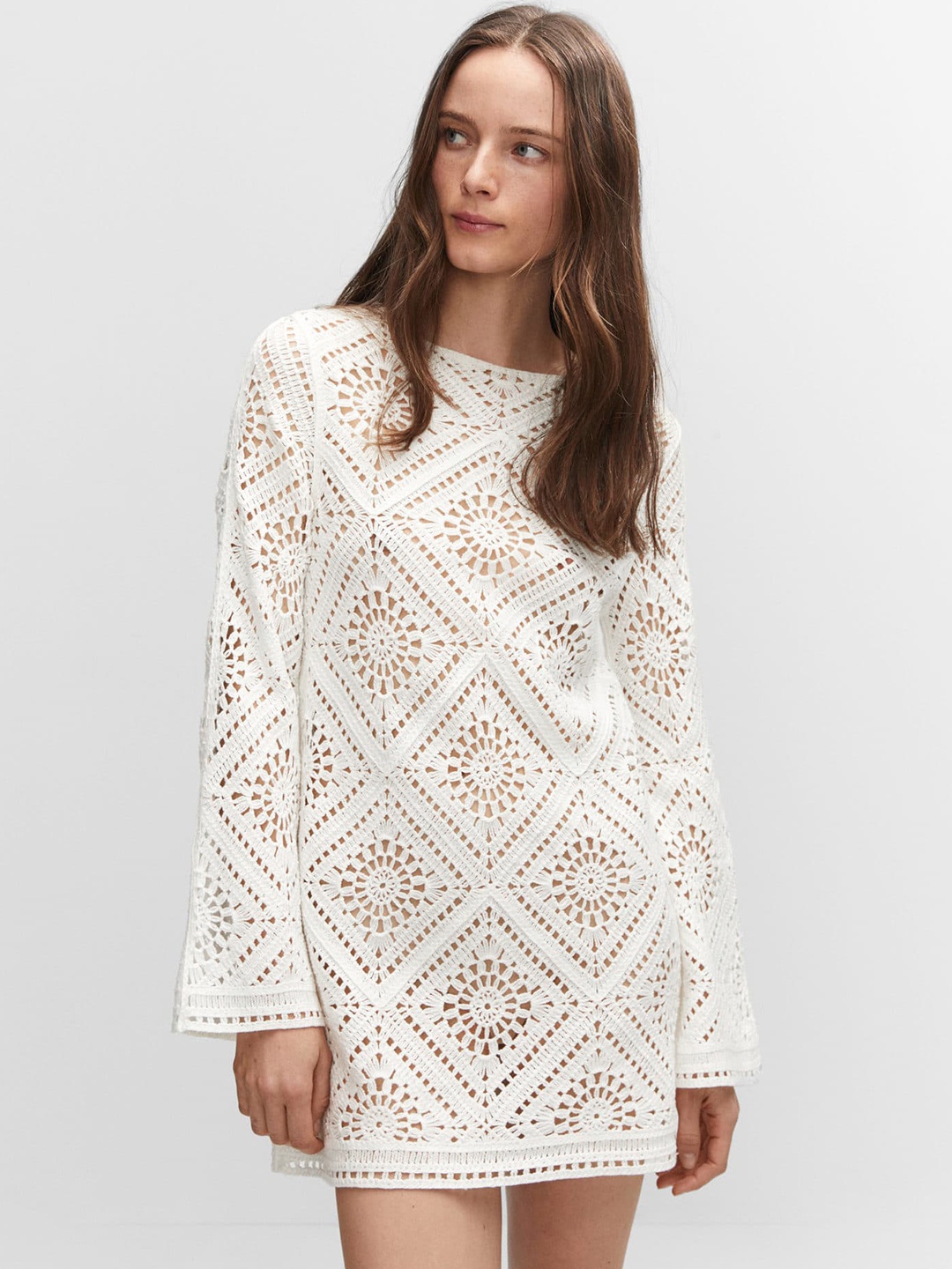 

MANGO Crochet Semi-Sheer Flared Sleeve Shift Mini Dress, White